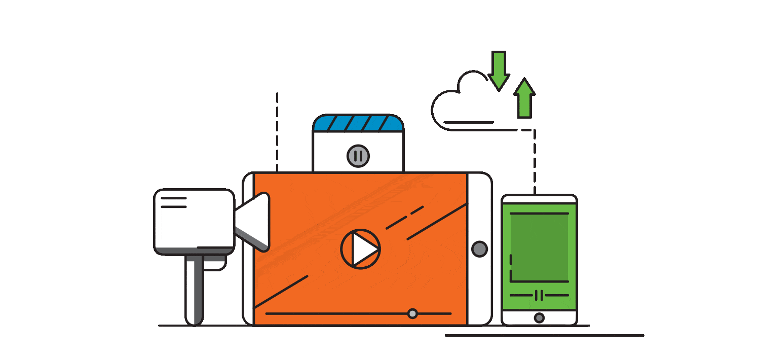 Animated illustration of a tablet, video, and phone connecting to fiber internet